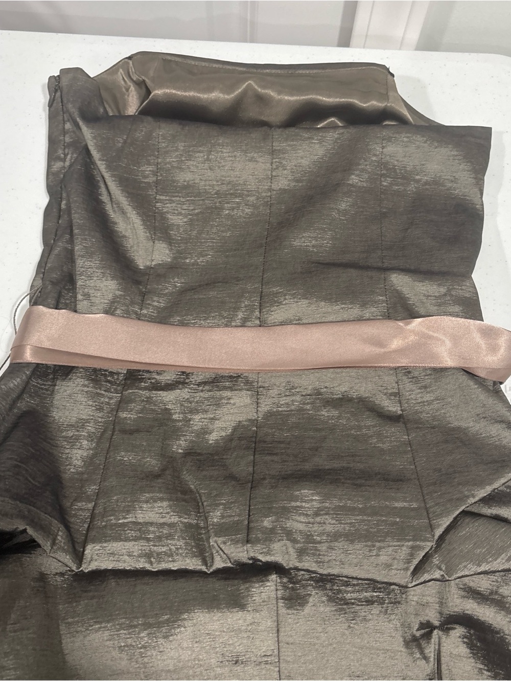 N V Couture Olive Green Party Dress with Satin tan Waist Tie - Picture 5 of 6